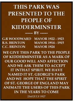 Text of the original plaque from St. George's Park, Kidderminster